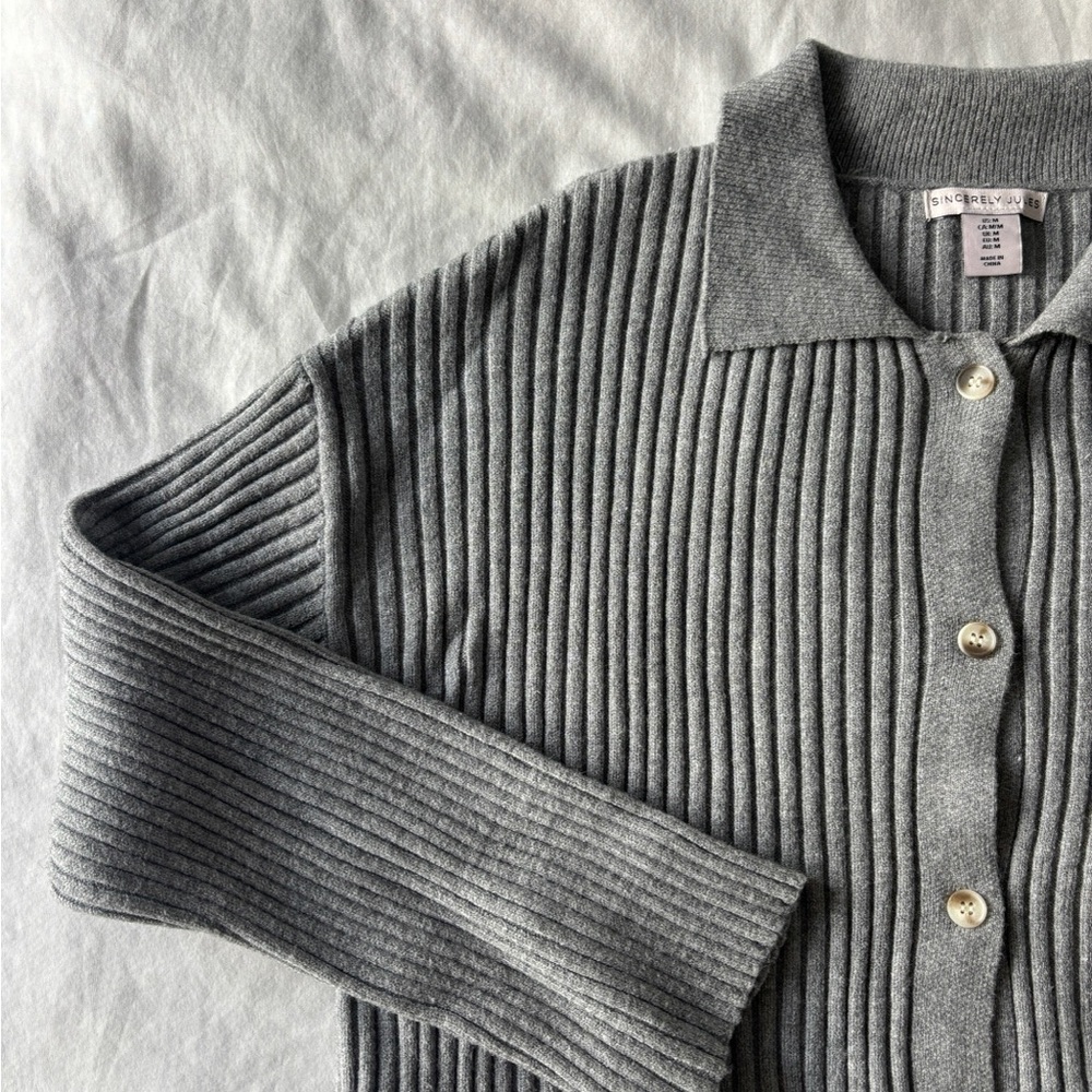 Grey Ribbed Collared Cardigan - Picture 5 of 8